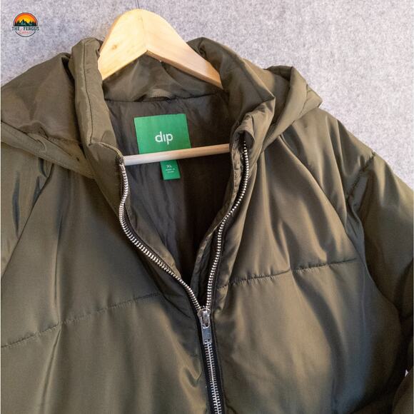 Dip Quilted Puffer Jacket Olive Green Trench Full-Zip Hooded Gorpcore Women's XL - Picture 4 of 12